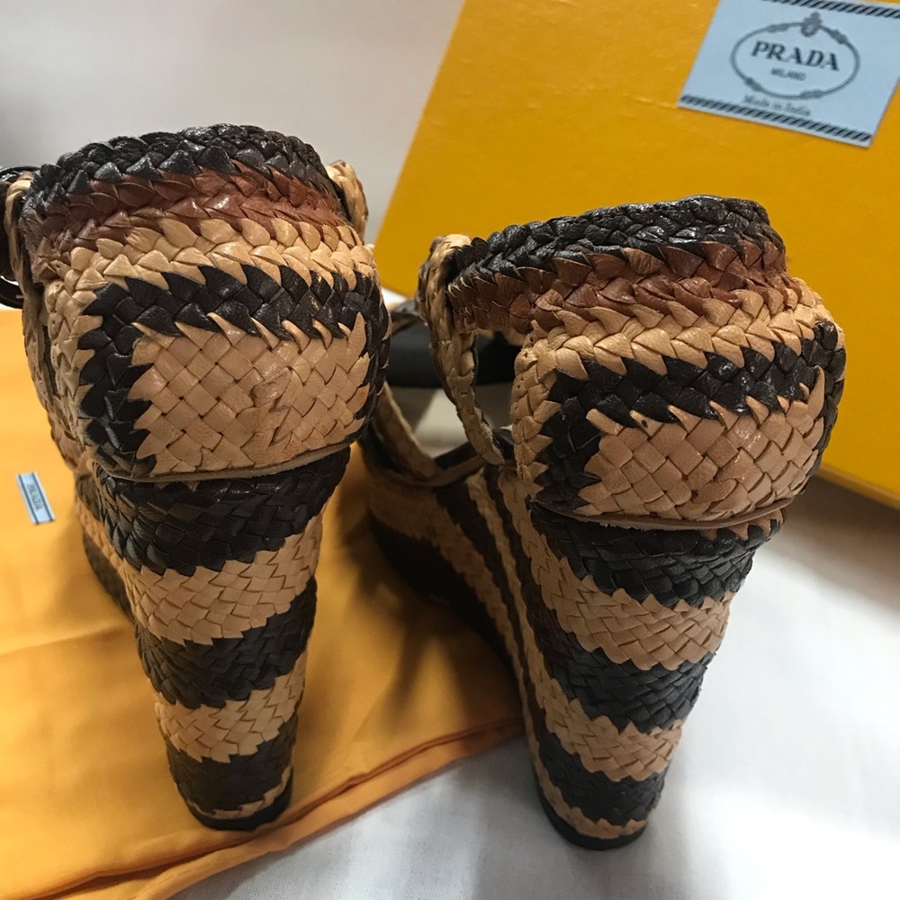 PRADA Brown Woven Leather Peep Toe Wedge Sandals - Picture 7 of 14